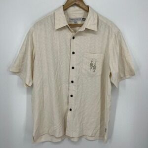 Quiksilver Edition Mens Medium Silk Button Down Shirt Cream Embroidered Pocket